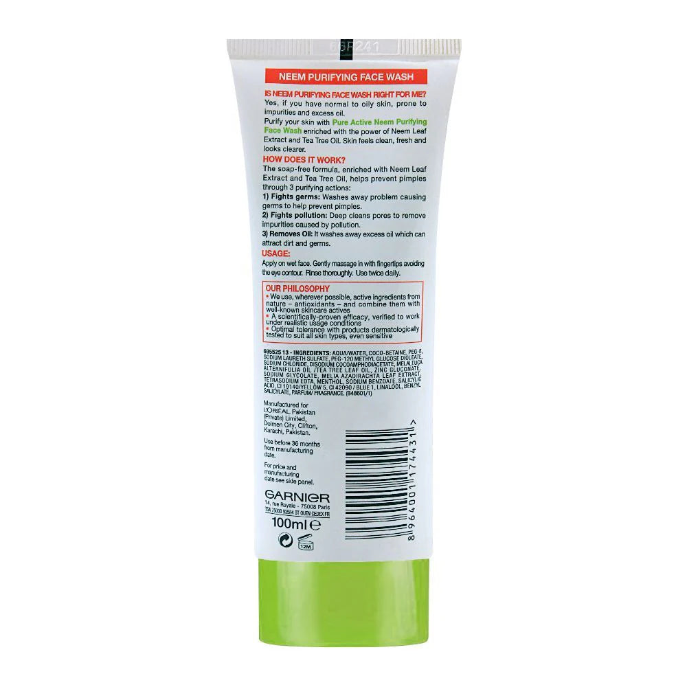 Garnier Skin Active Pure Active Neem Purifying Face Wash, For Normal To Oily Skin, 100ml