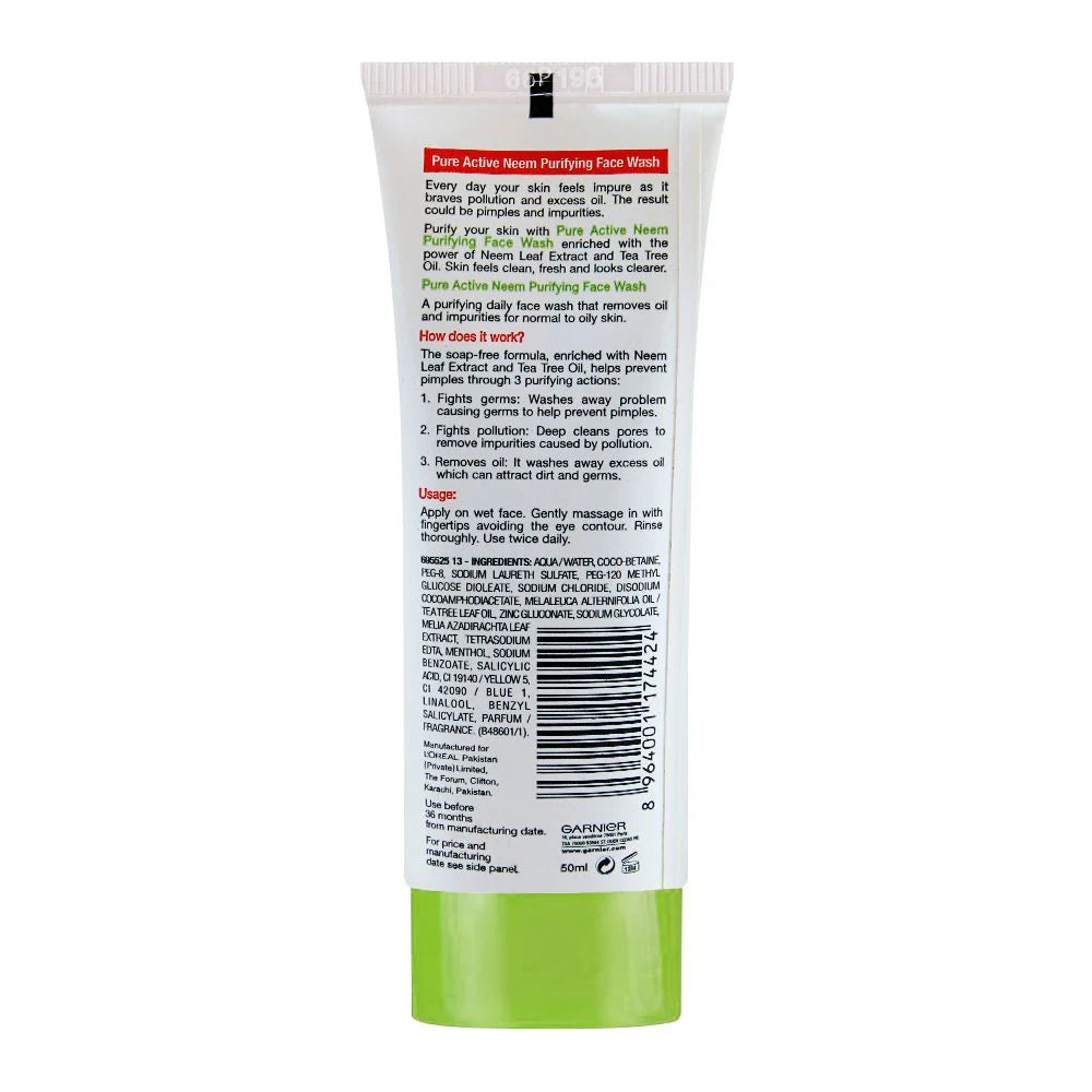 Garnier Skin Active Pure Active Neem Purifying Face Wash, For Normal To Oily Skin, 50ml