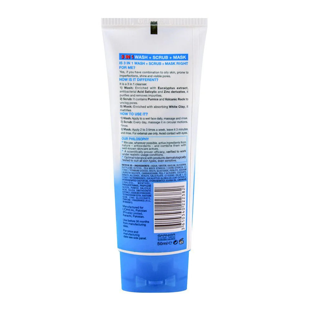 Garnier Skin Active Pure Active 3-In-1 Wash + Scrub +Mask, For Oily Skin, 50ml