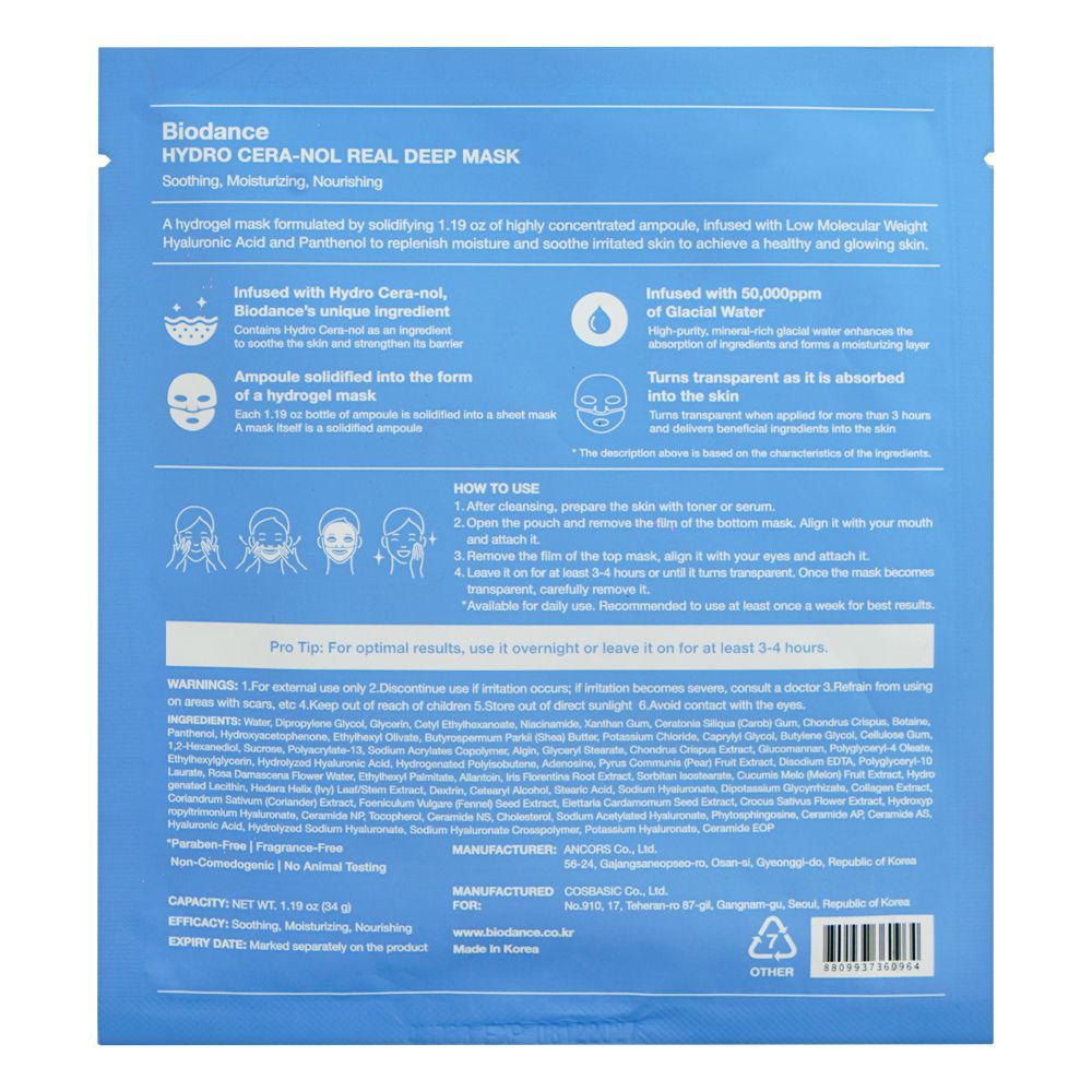 Biodance Hydro Cera-Nol Real Deep Facial Sheet Mask, Hyaluronic Acid, Niacinamide, For Sensitive Skin, 34g