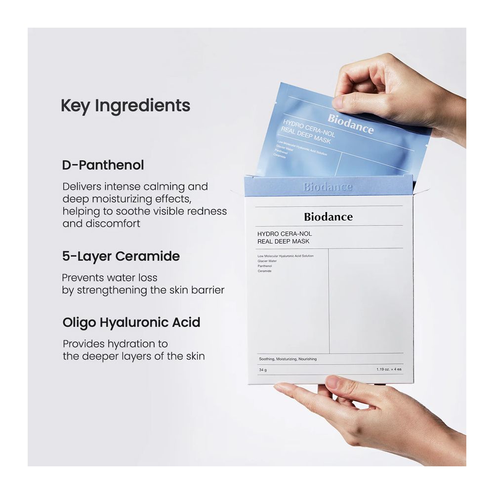 Biodance Hydro Cera-Nol Real Deep Facial Sheet Mask, Hyaluronic Acid, Niacinamide, For Sensitive Skin, 34g