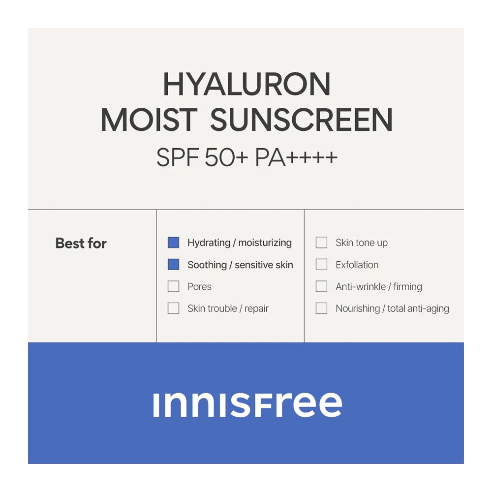 Innisfree Hyaluron Moist Sunscreen, SPF50+ PA+++ For Sensitive Skin, 50ml