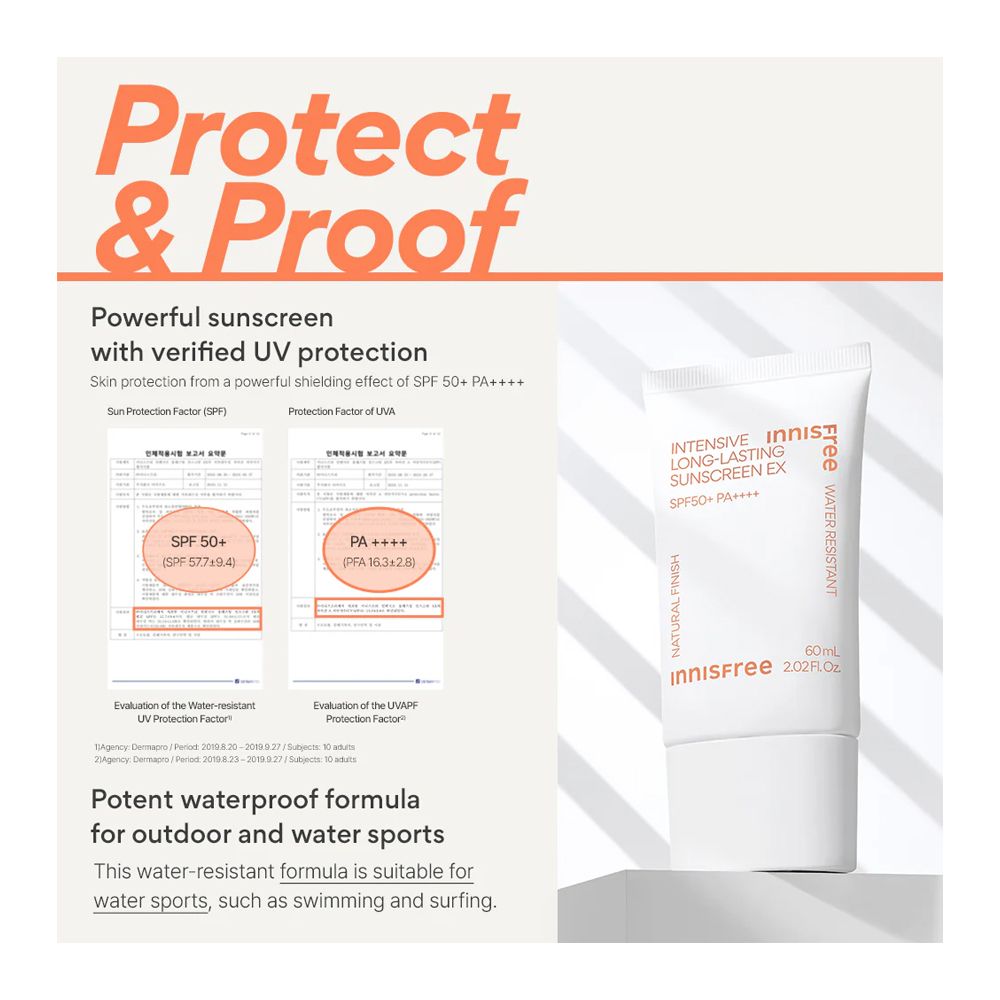 Innisfree Intensive Long-Lasting Sunscreen Ex, Vegan, Water Resistant, SPF50+ PA+++ 60ml