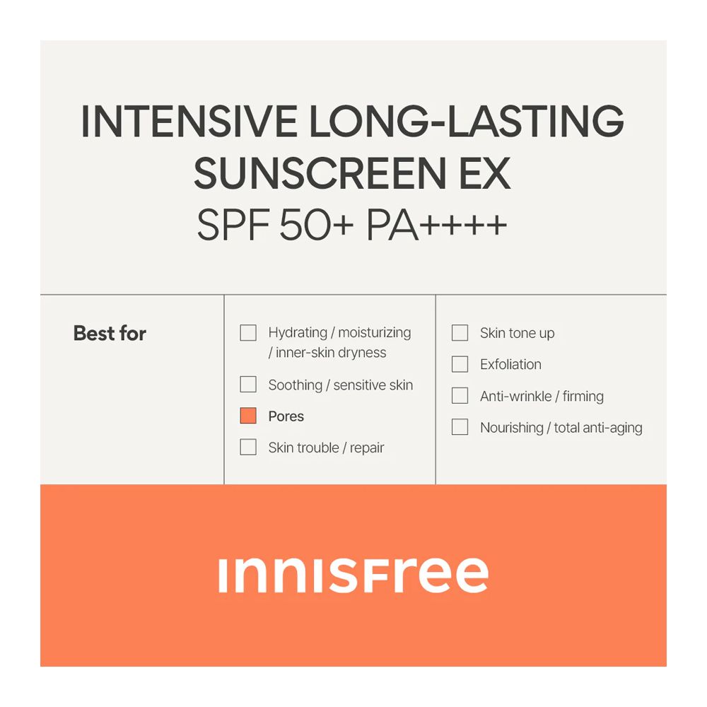 Innisfree Intensive Long-Lasting Sunscreen Ex, Vegan, Water Resistant, SPF50+ PA+++ 60ml